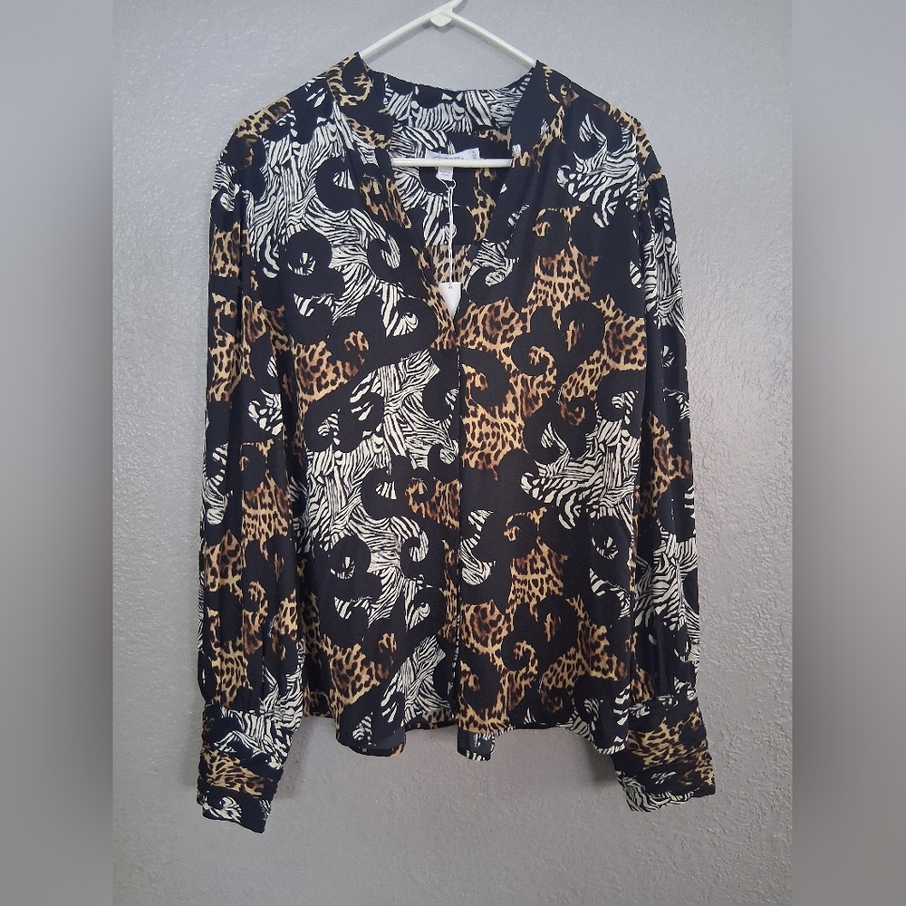 Chico's Black White and Brown Mixed Animal Print Button-Front Blouse